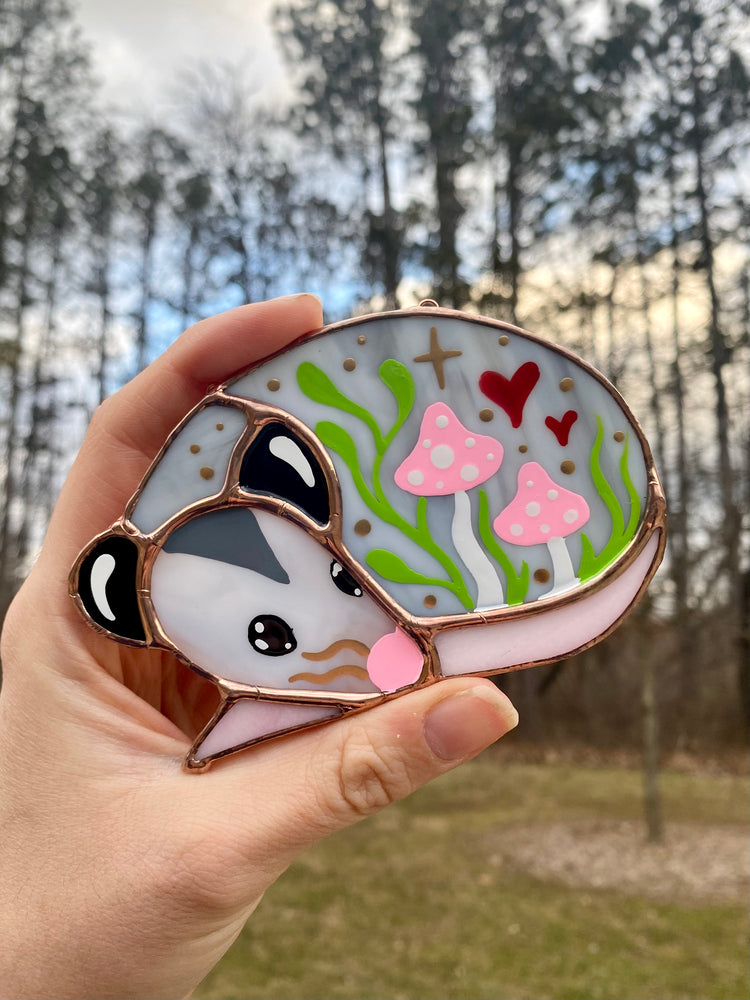 Mini Pink (ver 1) Valentine Sleepy Opossum Stained Glass Suncatcher