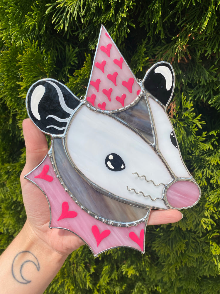 Pink and Silver Heart Opossum Stained Glass Suncatcher