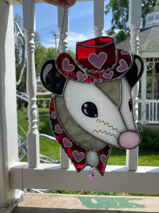 Red Lovely Cowboy Opossum Stained Glass Suncatcher