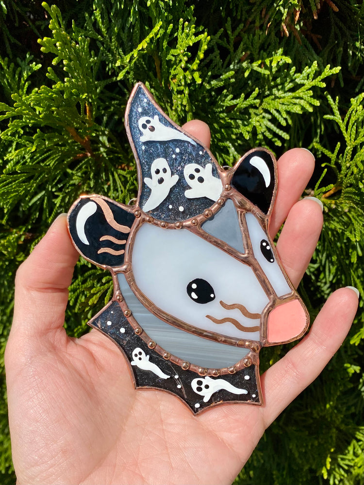 Mini Ghost Wizard Opossum Stained Glass Suncatcher