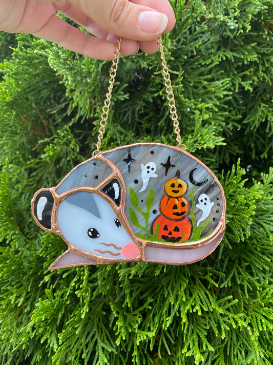 Stacked Pumpkins Sleepy Opossum Mini Stained Glass Suncatcher