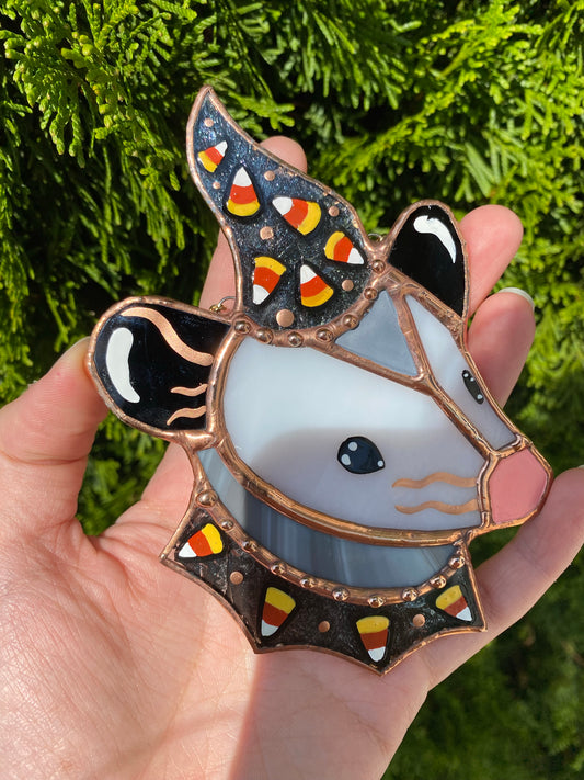 Mini Candycorn Wizard Opossum Stained Glass Suncatcher