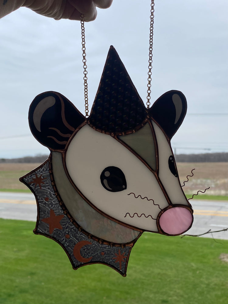 Purple Cosmic Wizard Opossum Stained Glass Suncatcher