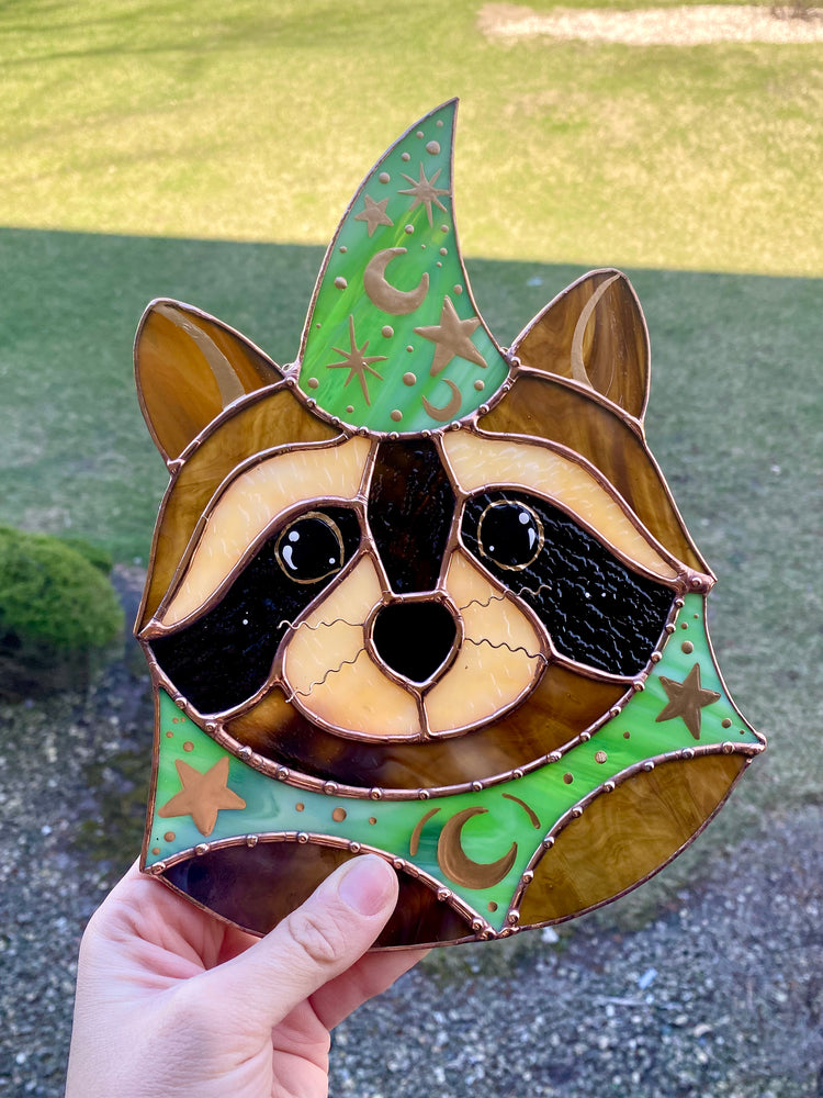 Swirly Green Wizard Raccoon Stained Glass Suncatcher