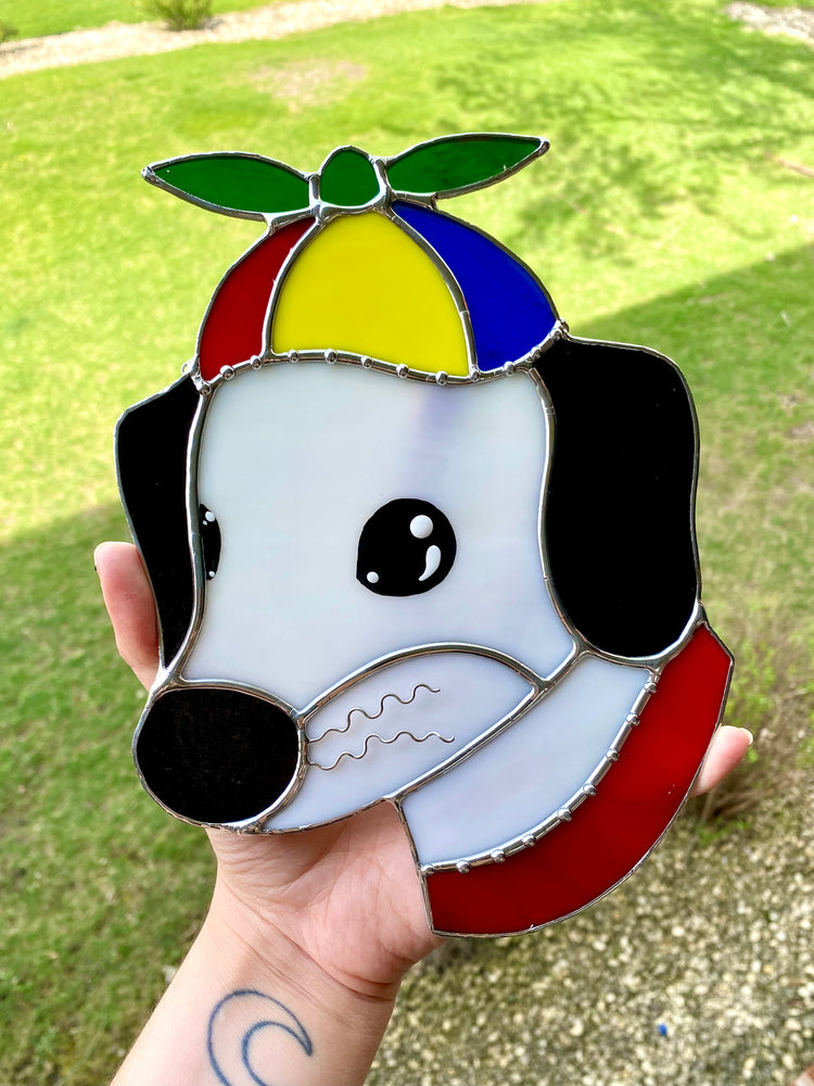 Helicopter Hat Puppy Stained Glass Suncatcher