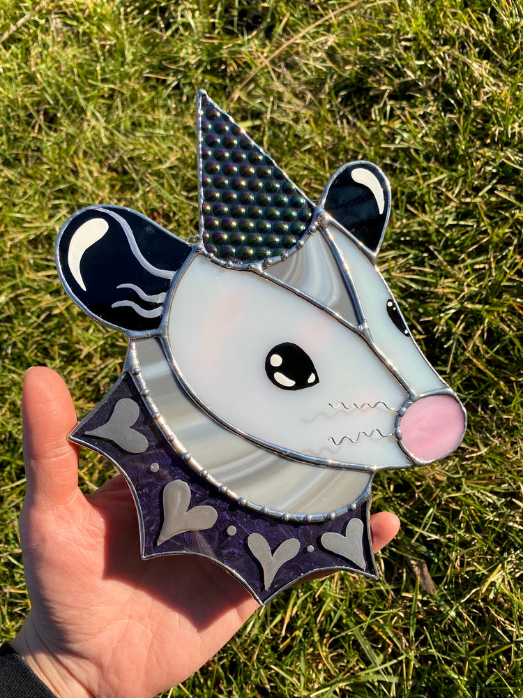 Cosmic Heart Wizard Opossum Stained Glass Suncatcher