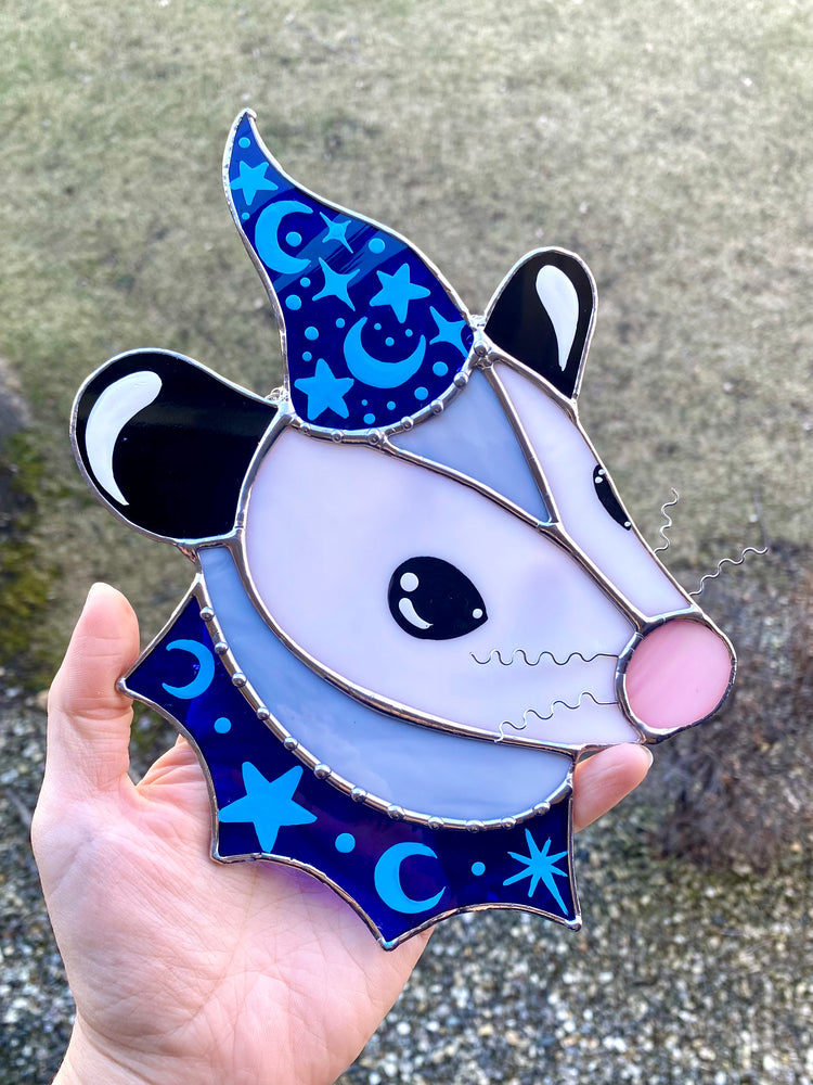 Blue Wizard Opossum Stained Glass Suncatcher