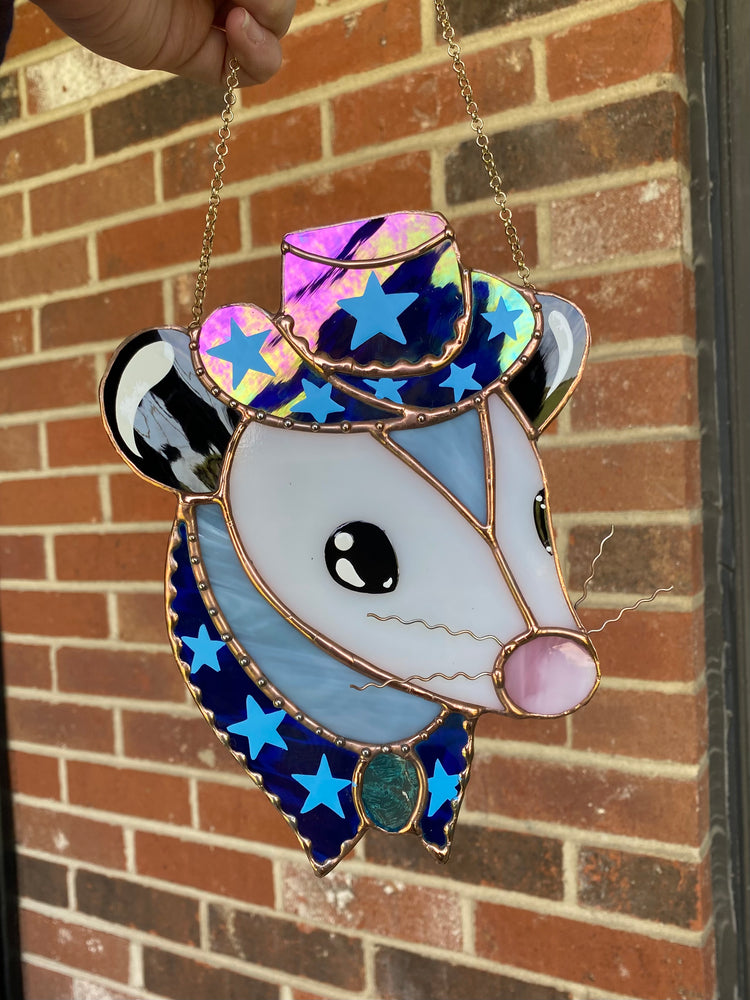 Blue Iridescent Cowboy Opossum Stained Glass Suncatcher