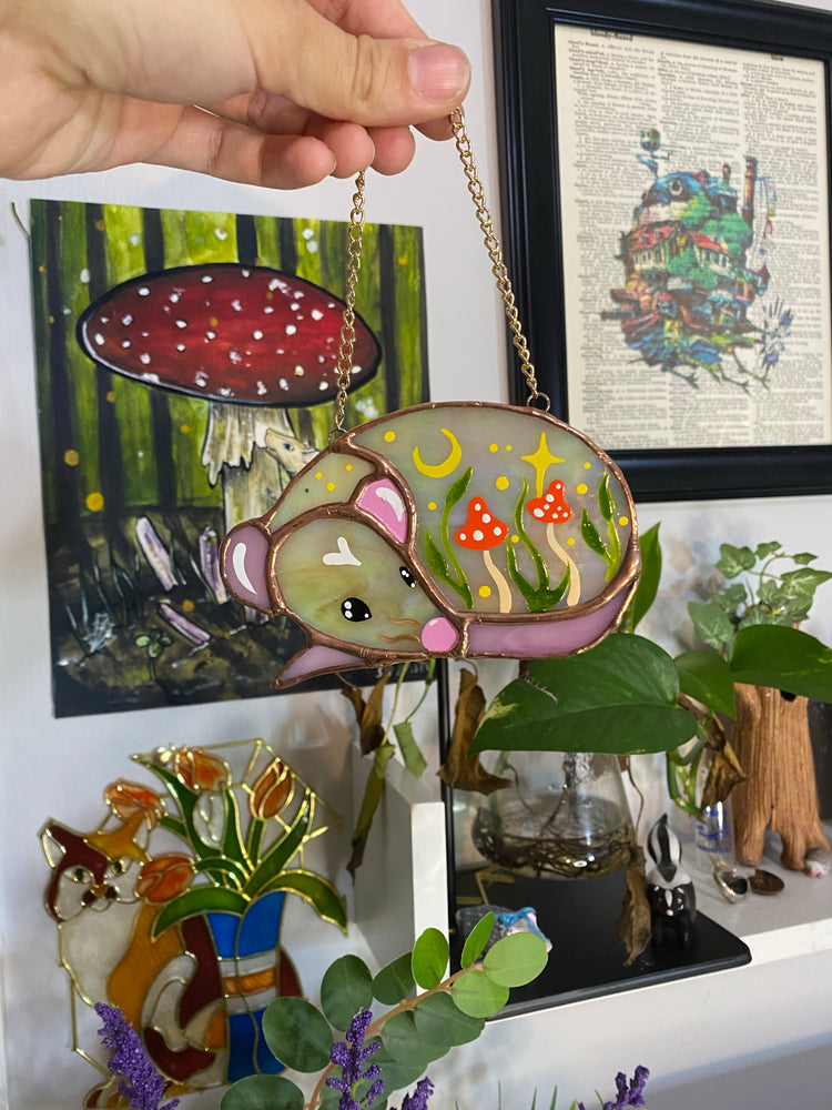 Mini Tan Rat and Orange Mushroom Stained Glass Suncatcher