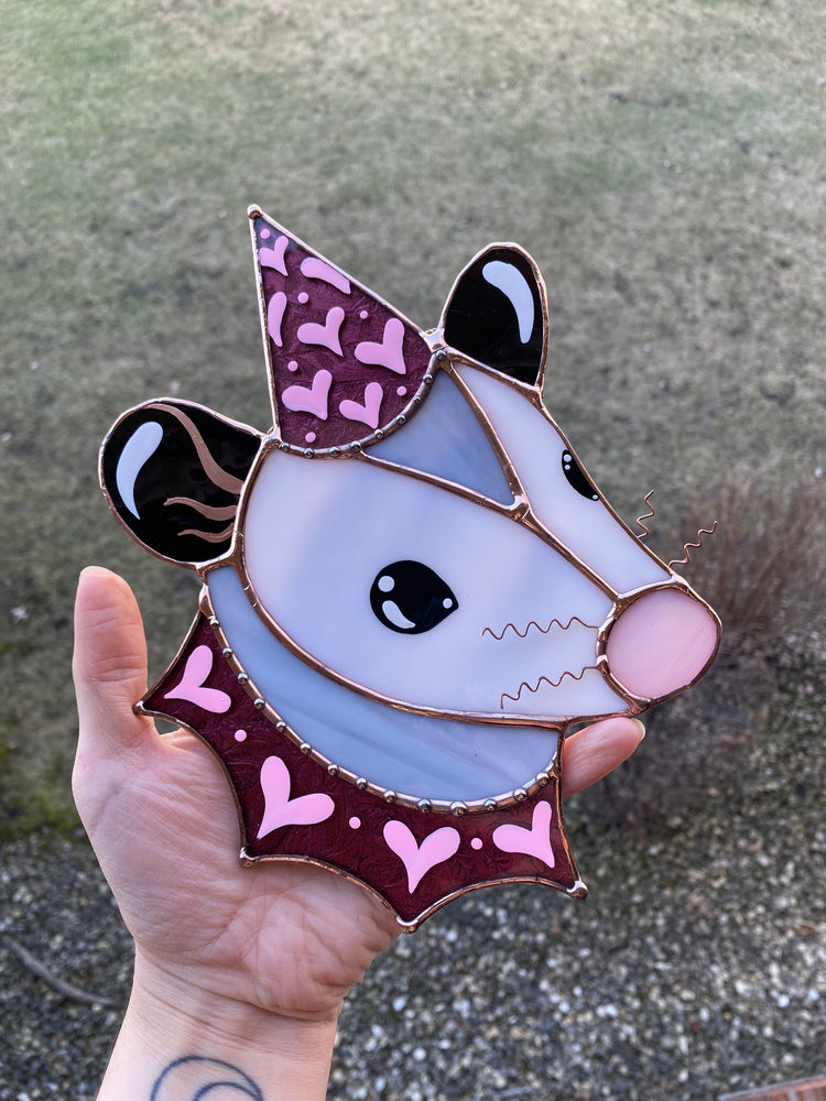 Sparkly Pink Lovely Opossum Stained Glass Suncatcher