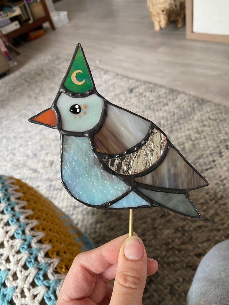 Wizard Pigeon Stained Glass Planter Stake