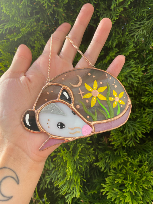 Sunflower Sleepy Opossum Mini Stained Glass Suncatcher