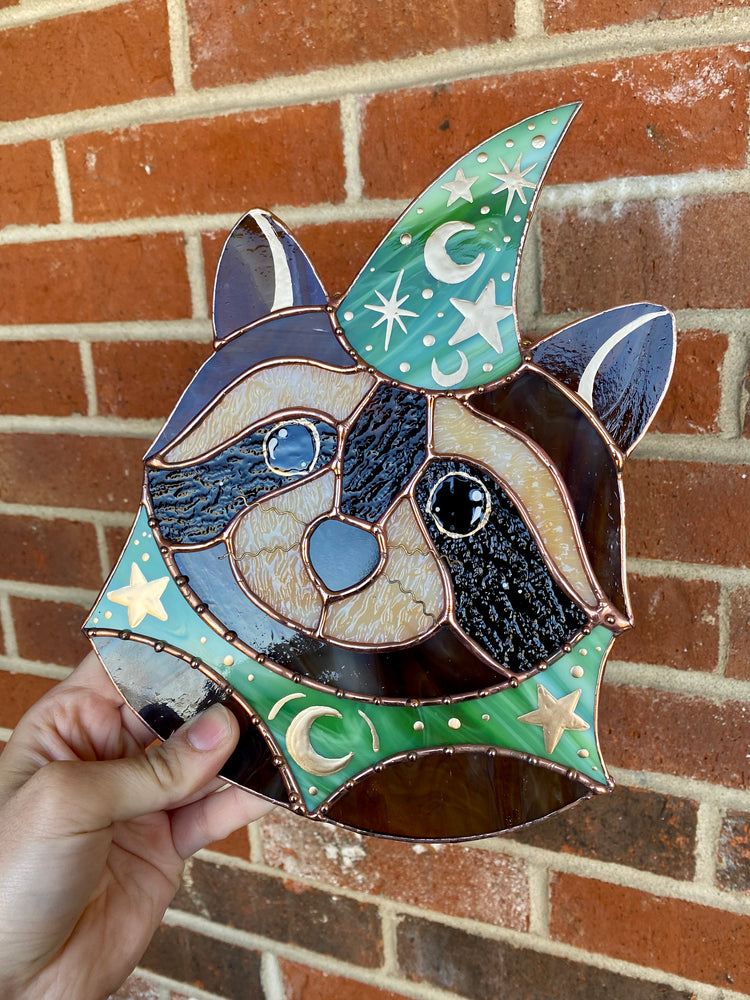 Swirly Green Wizard Raccoon Stained Glass Suncatcher