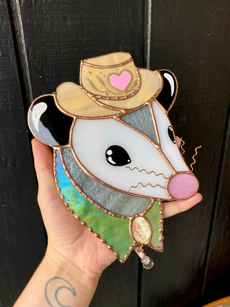 Love Cowboy Opossum Stained Glass Suncatcher