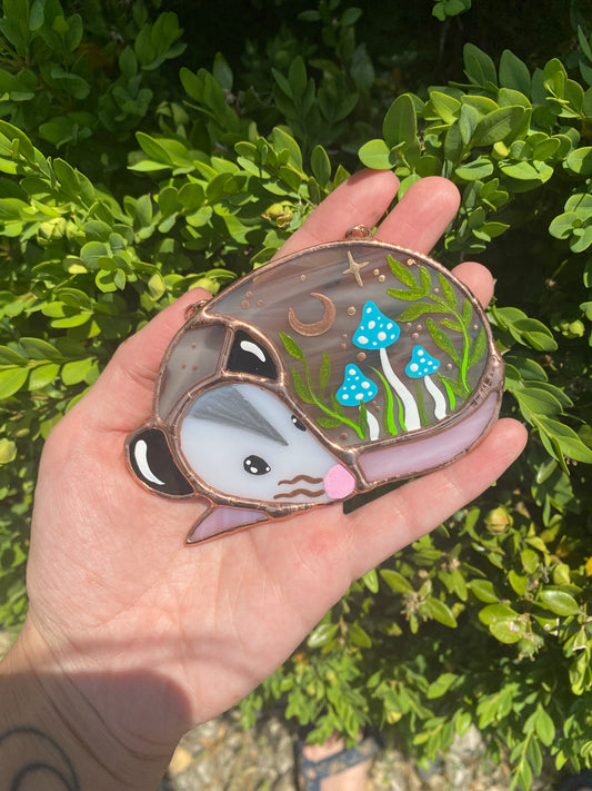 Blue Mushrooms Opossum Mini Stained Glass Suncatcher