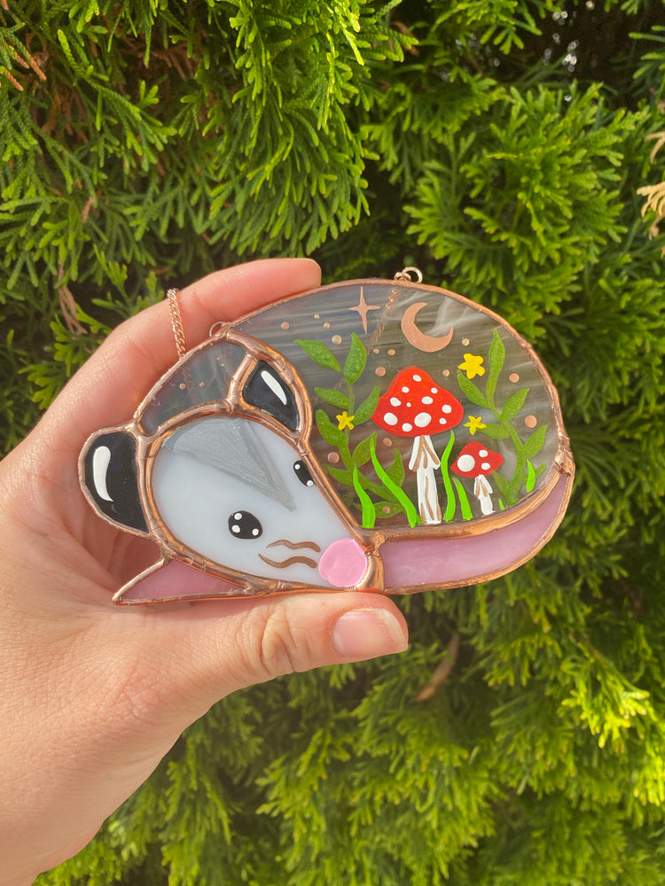 Red Mushroom Sleepy Opossum Mini Stained Glass Suncatcher