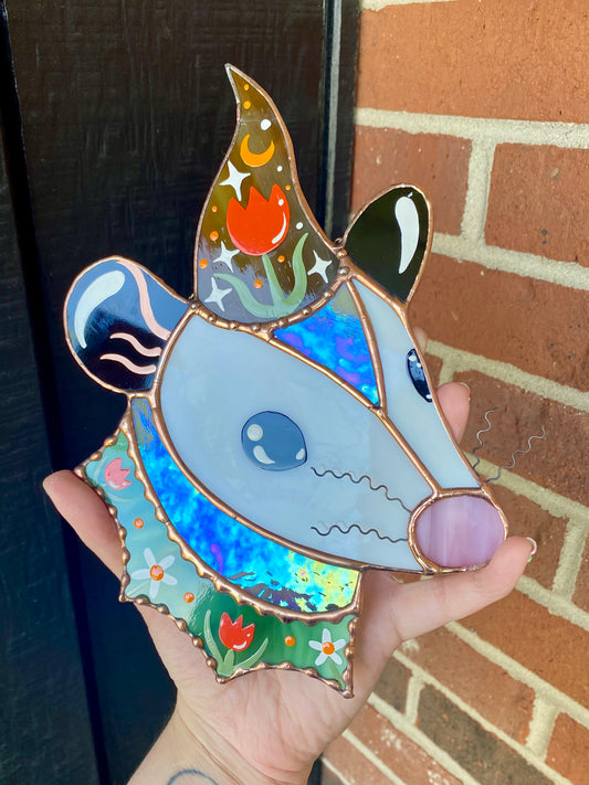 Tulip Wizard Opossum Stained Glass Suncatcher