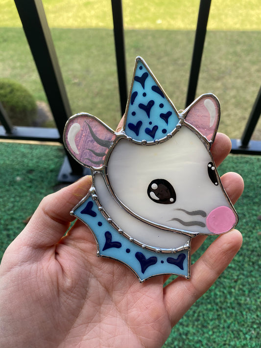 Mini White and Blue Wizard Rat Stained Glass Ornament