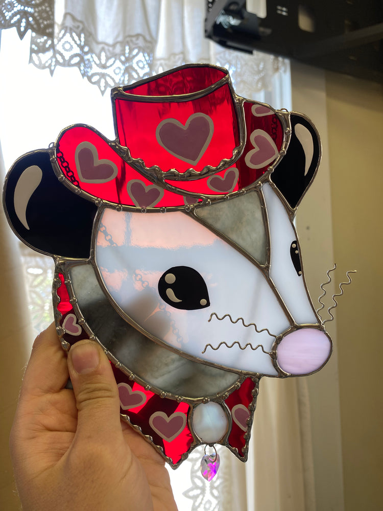 Red Lovely Cowboy Opossum Stained Glass Suncatcher