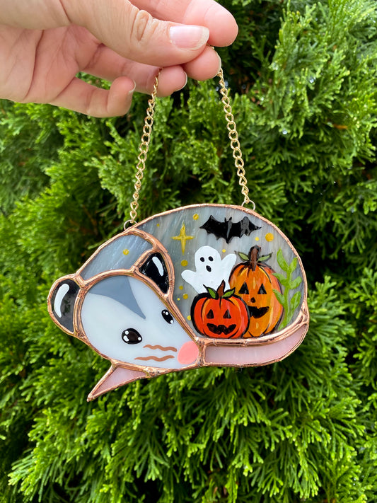 (Version 1) Pumpkins, Ghost and Bat Sleepy Opossum Mini Stained Glass Suncatcher