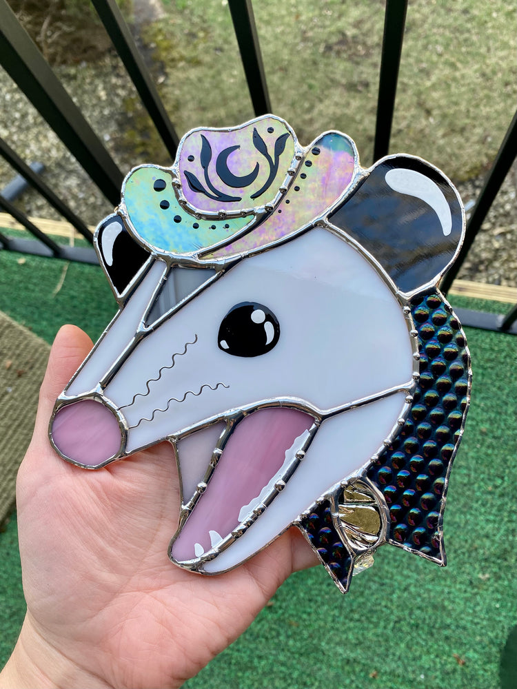 Cosmic Screaming Cowboy Opossum Stained Glass Suncatcher