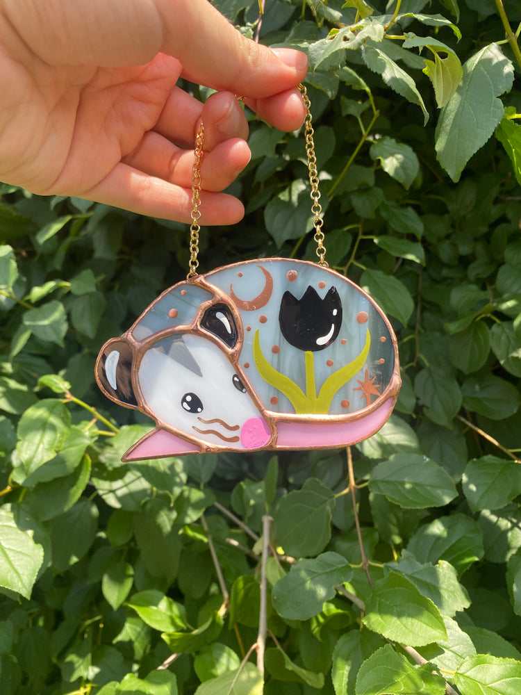 Sleepy Black Tulip Opossum Stained Glass Ornament