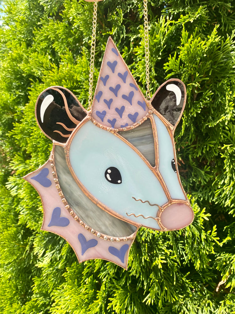 Pink and Purple Heart Opossum Stained Glass Suncatcher