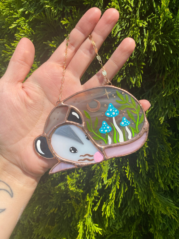 Blue Mushrooms Opossum Mini Stained Glass Suncatcher