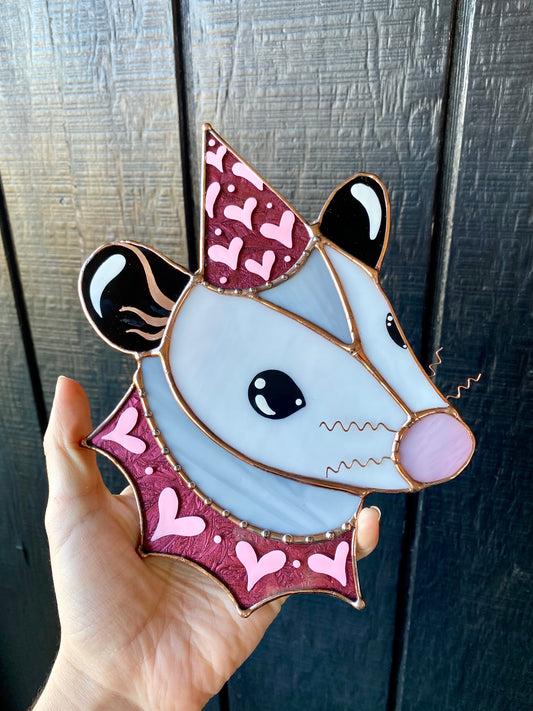 Sparkly Pink Lovely Opossum Stained Glass Suncatcher