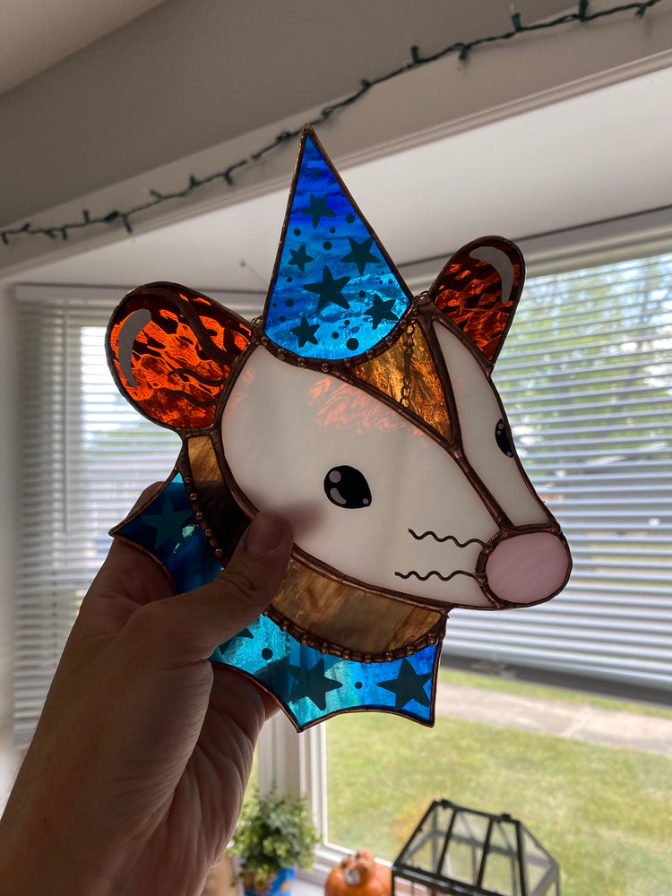 Blue Star Wizard Opossum Stained Glass Suncatcher