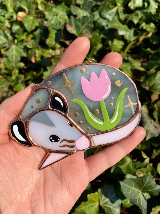 Sleepy Pink Iridescent Tulip Opossum Stained Glass Ornament