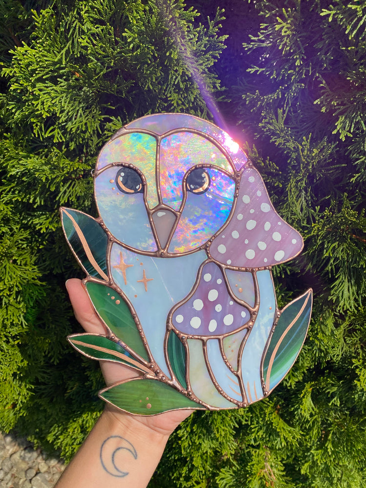 Pink and Purple Iridescent Owl Stained Glass Suncatcher