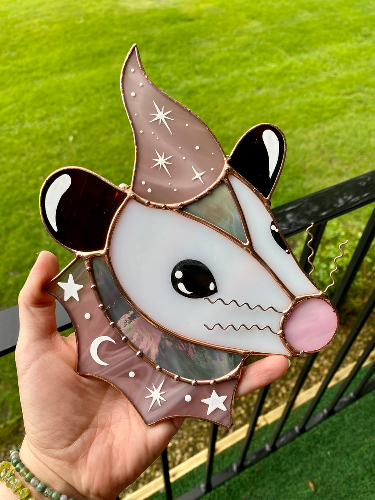 Warm Lavender SparkleWizard Opossum Stained Glass Suncatcher