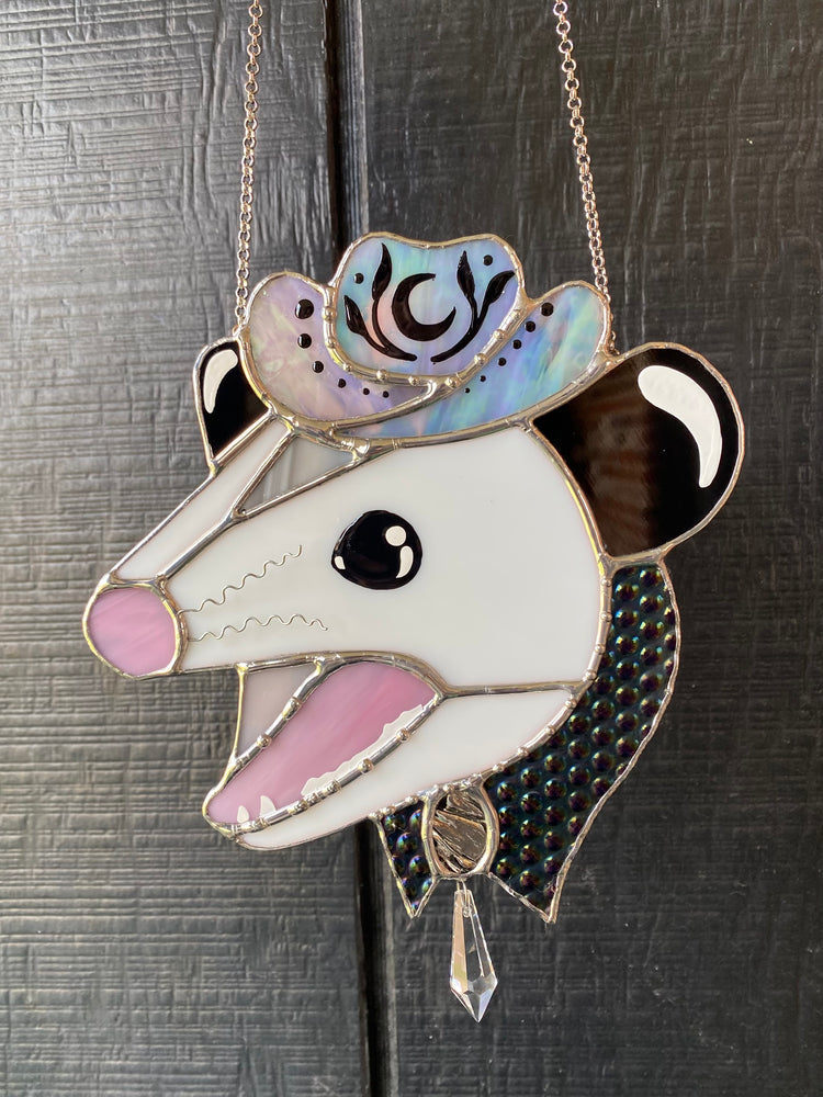 Cosmic Screaming Cowboy Opossum Stained Glass Suncatcher