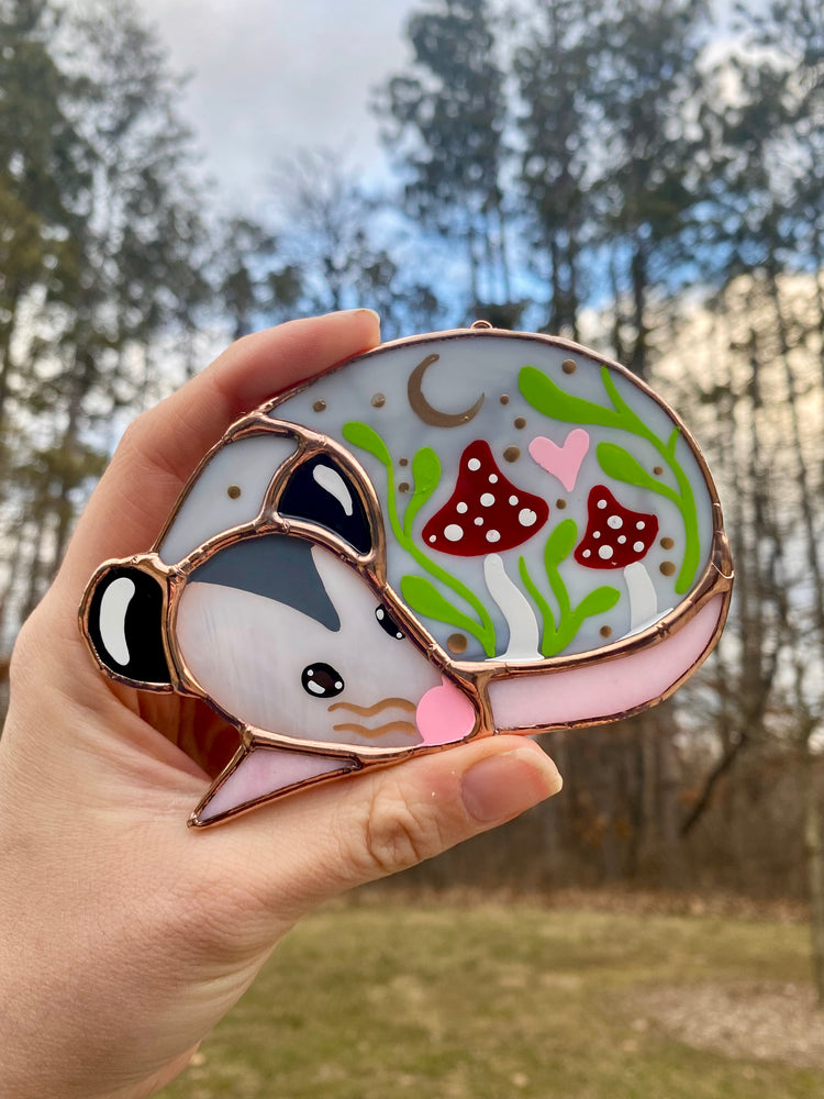 Mini Red (ver 1) Valentine Sleepy Opossum Stained Glass Suncatcher