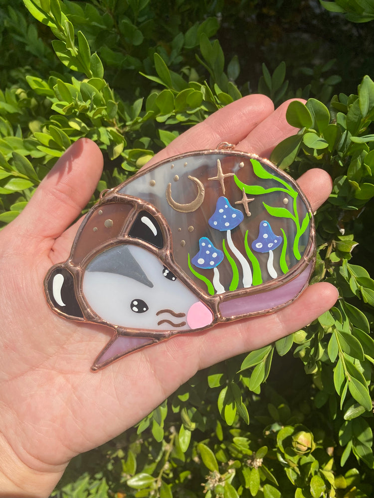 Purple Mushroom Moon Opossum Mini Stained Glass Suncatcher