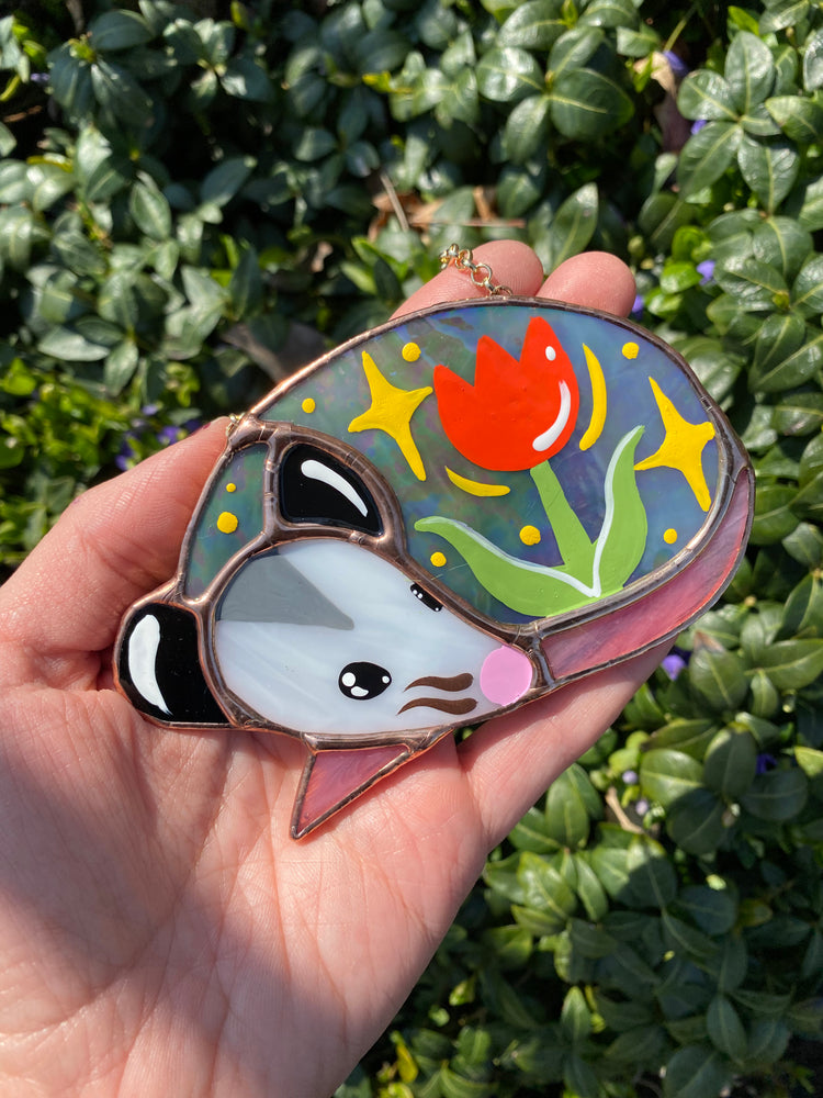 Sleepy Red Iridescent Tulip Opossum Stained Glass Ornament