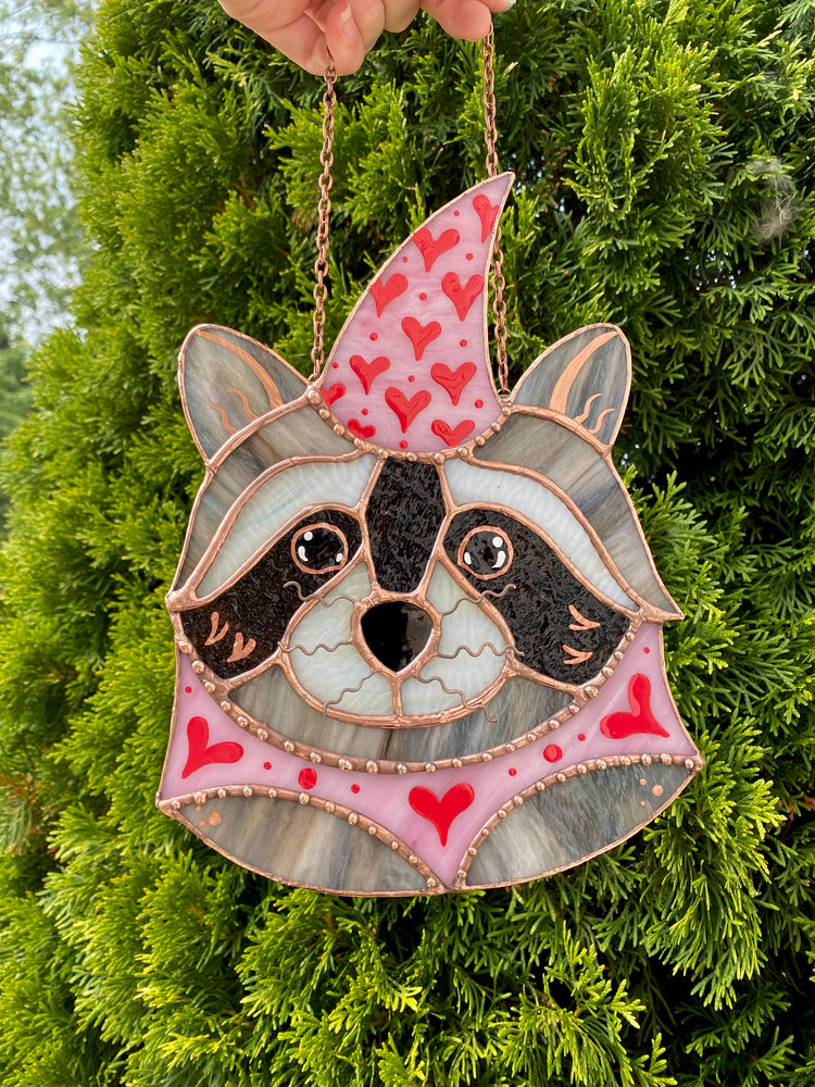 Large Valentine Raccoon Stained Glass Suncatcher