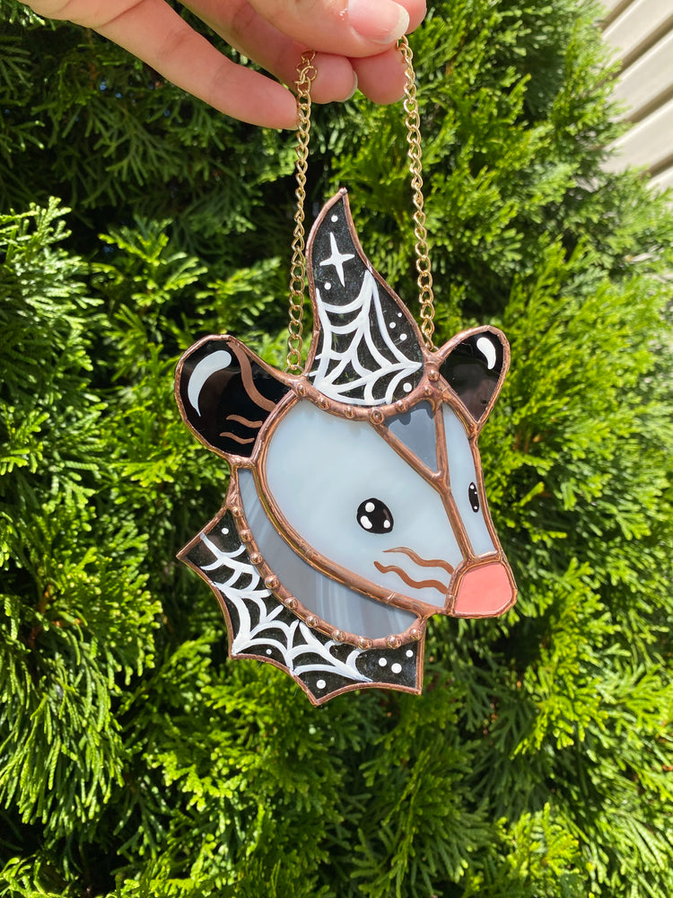 Mini Spiderweb (version 2) Wizard Opossum Stained Glass Suncatcher