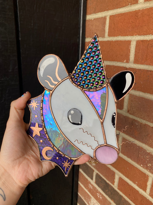 Purple Cosmic Wizard Opossum Stained Glass Suncatcher