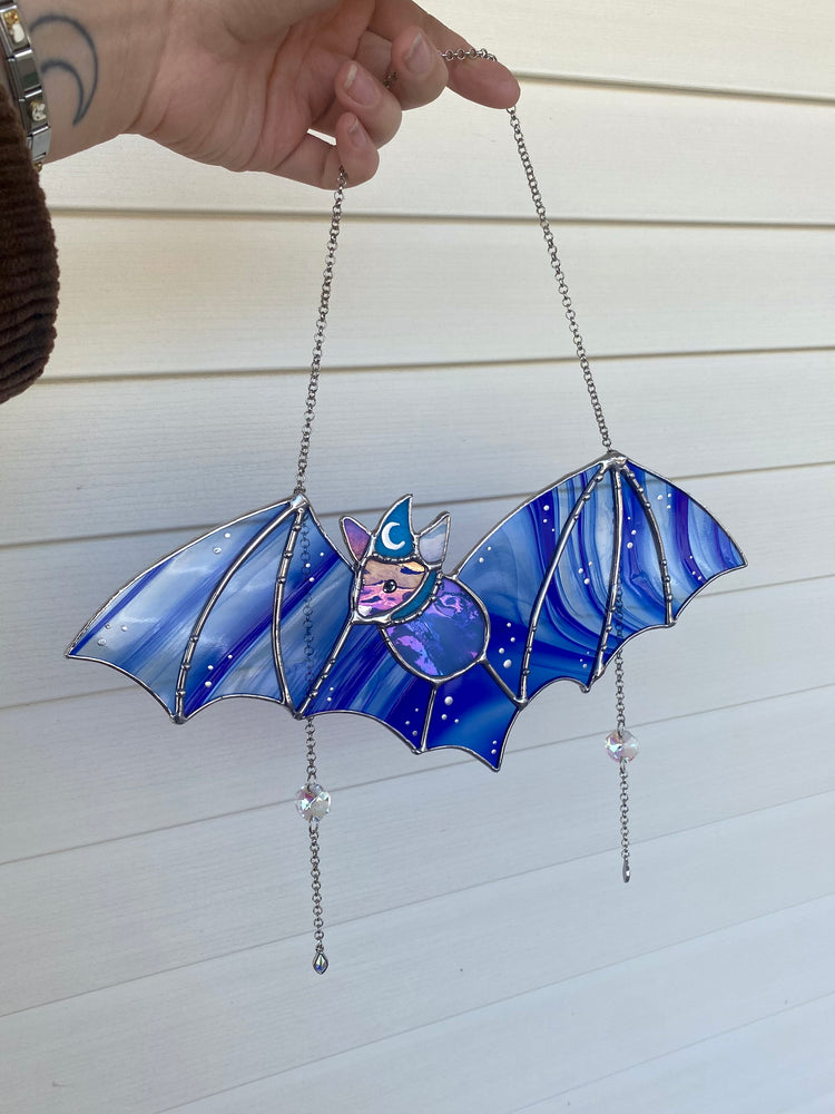 Blue Swirl Wizard Bat Stained Glass Suncatcher