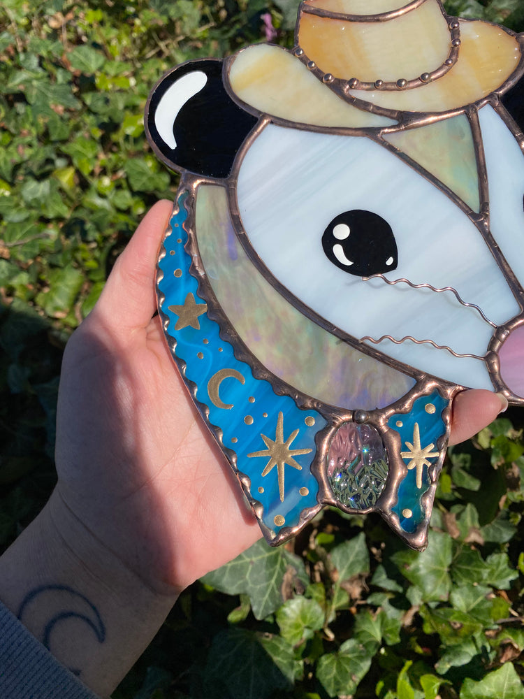 Blue and Gold Cowboy Opossum Stained Glass Suncatcher