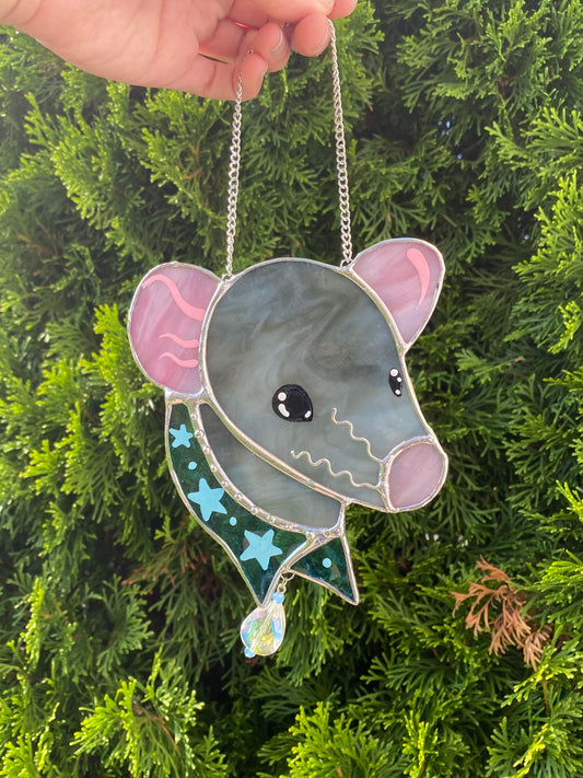 Gray Bandana Rat Stained Glass Suncatcher