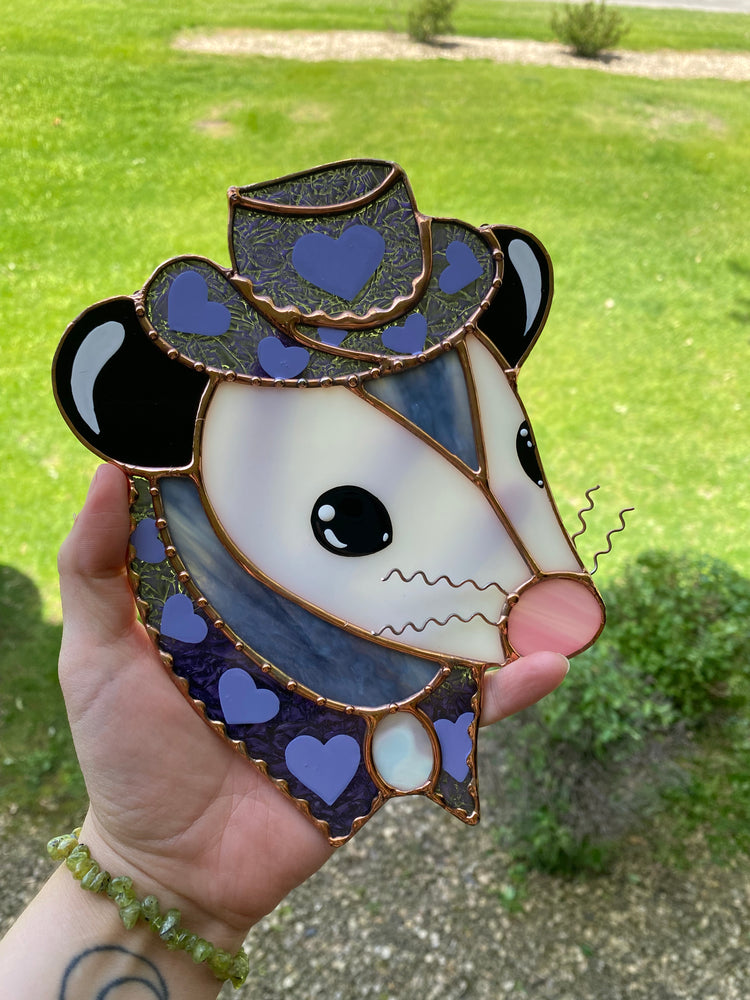 Purple Van Gogh Cowboy Opossum Stained Glass Suncatcher