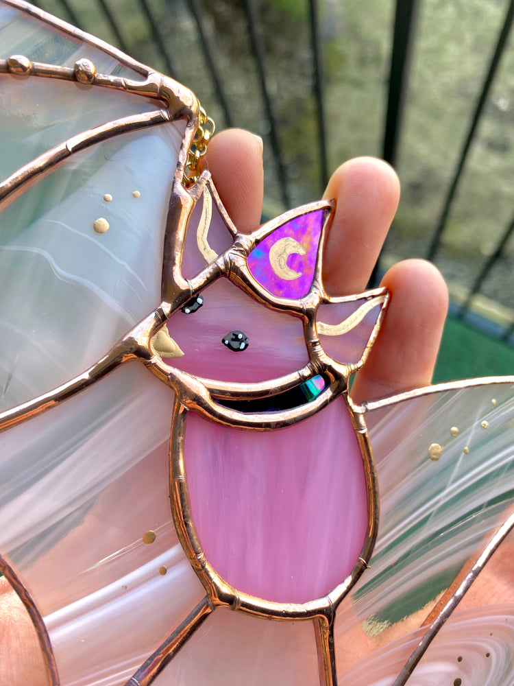 Pink Haze Wizard Bat Stained Glass Suncatcher