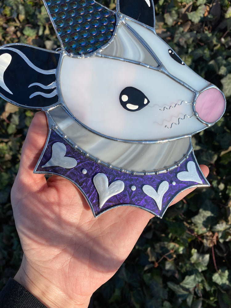 Cosmic Heart Wizard Opossum Stained Glass Suncatcher