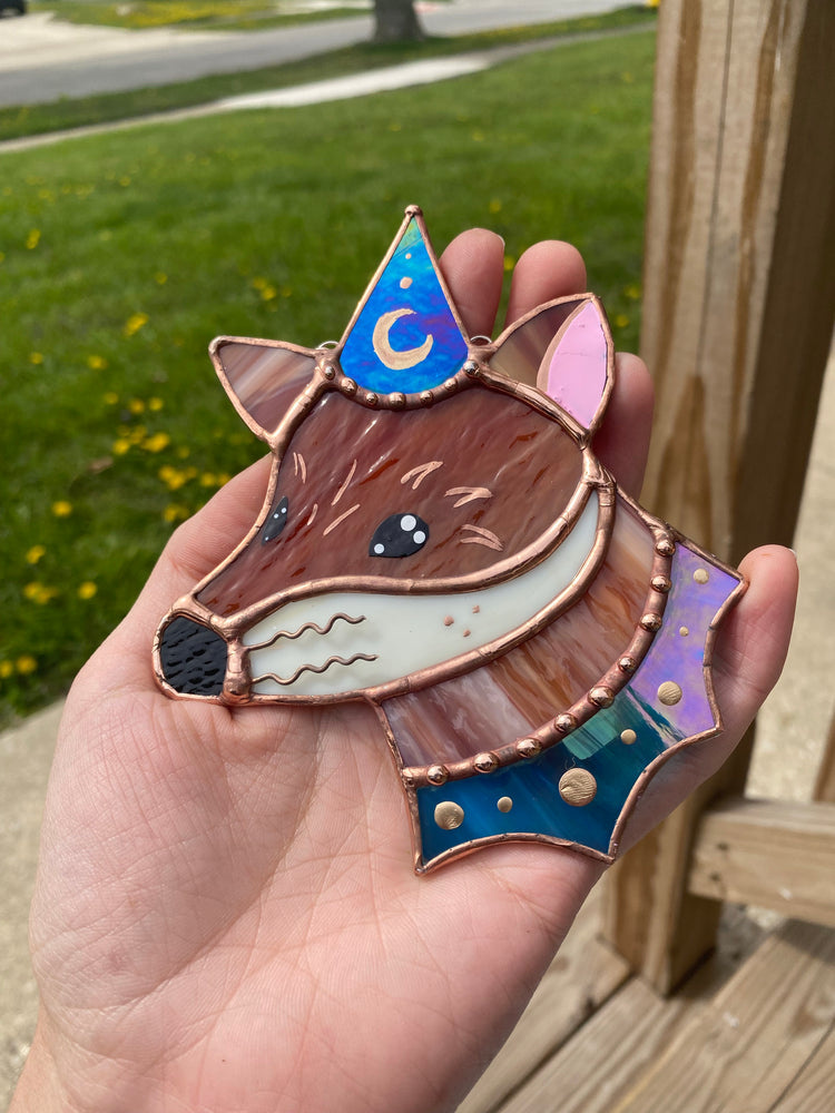 Blue/green Iridescent Mini Wizard Fox Stained Glass Suncatcher