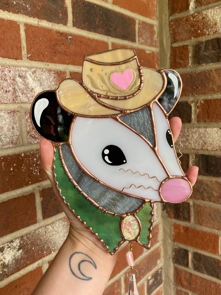 Love Cowboy Opossum Stained Glass Suncatcher