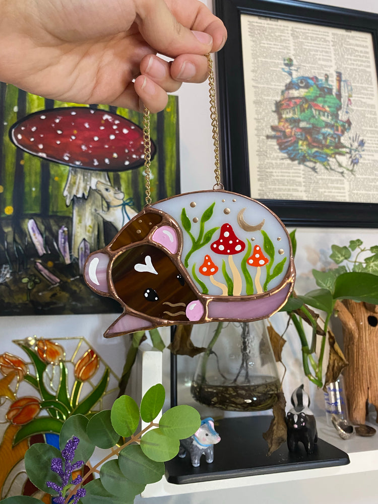 (Moon) Mini Brown Rat and Red Mushroom Stained Glass Suncatcher