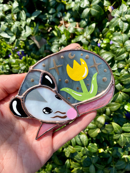 Sleepy Yellow Tulip Opossum Stained Glass Ornament